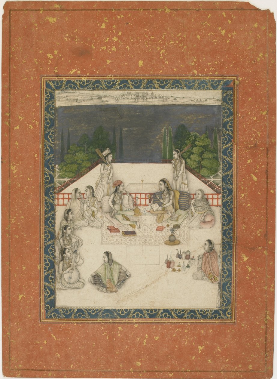 Two women seated on a terrace, surrounded by attendants and musicians, c.1650 by Indian School