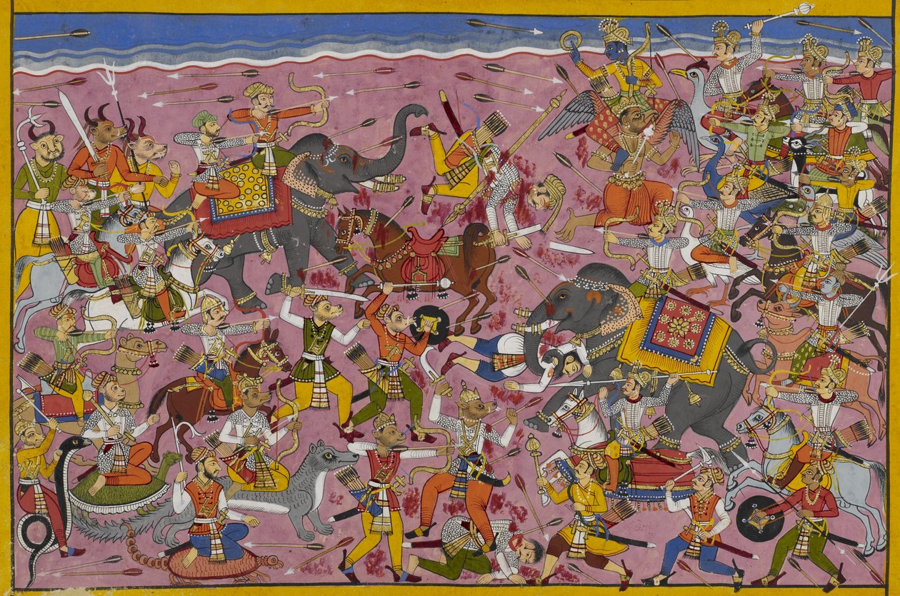 Vishnu battles the demons; Mali falls, pierced by a lance by Indian School