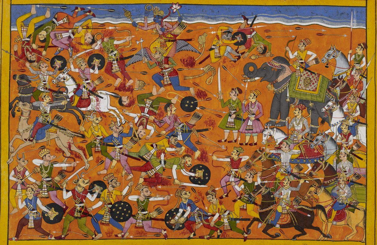 Vishnu leads the gods, defeats Malyavan, the demons retreat in shame by Indian School