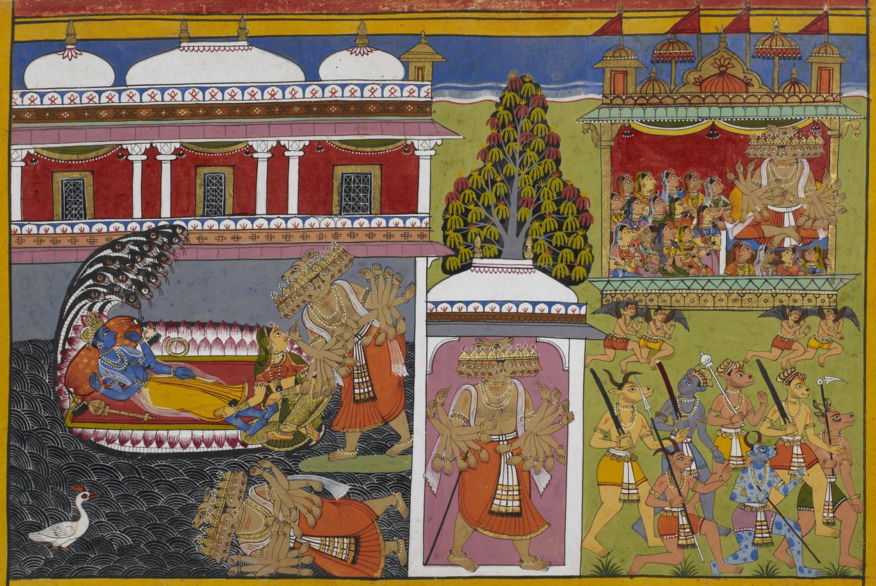 Vishnu rests with Lakshmi as Ravana falls, then abducts women in his chariot by Indian School