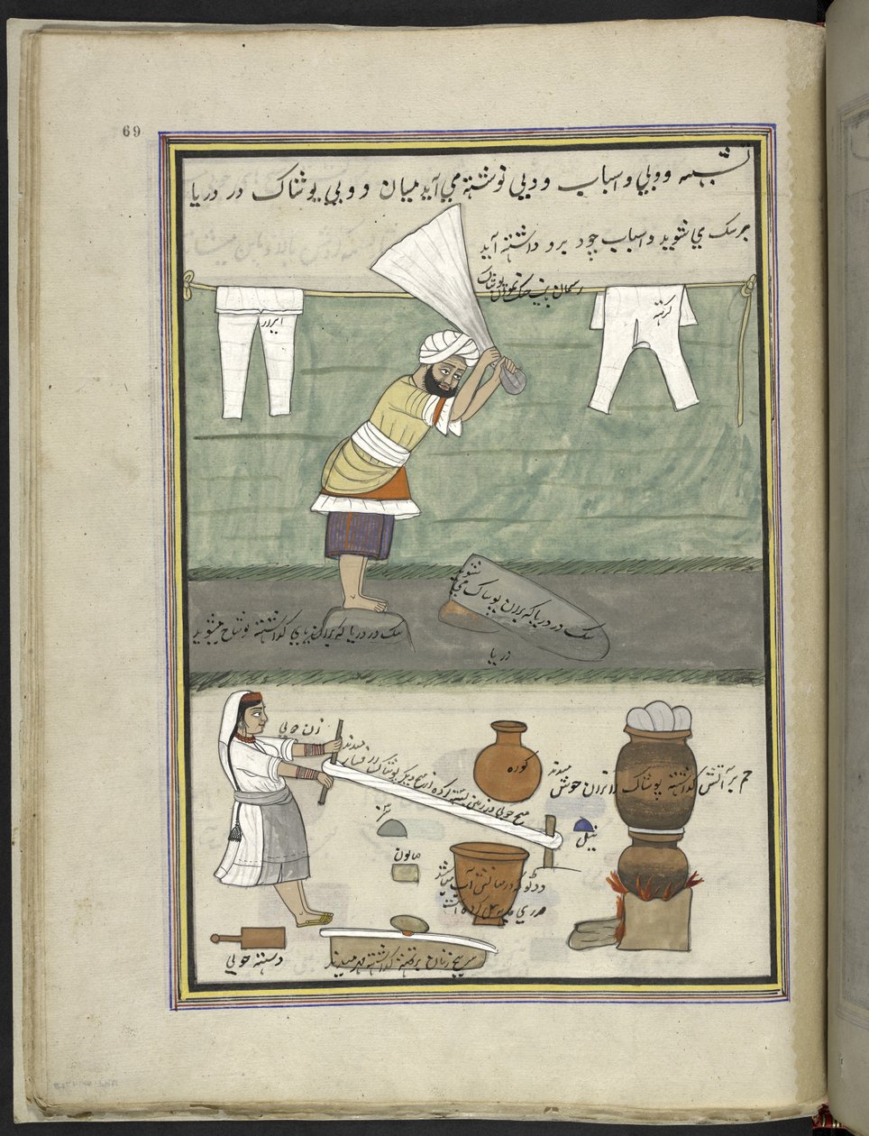 Washerman and washerwoman, 86 drawings bound into a volume depicting trades and occupations in Kashmir, Craftsmen are shown at work with their implements and equipment, By a Kashmir artist, probably at Srinagar by Indian School