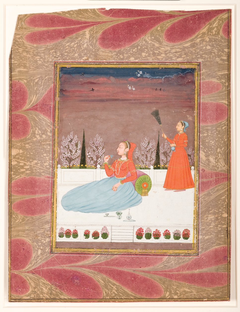 Woman seated on a terrace with an attendant with a chauri by Indian School
