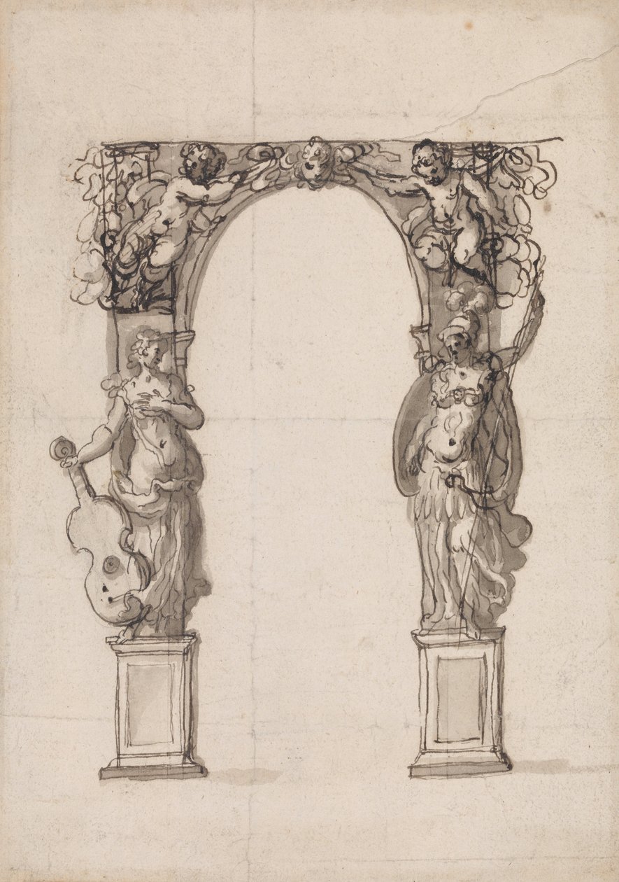 Design for a Temporary Arch Ornamented with Putti and Allegorical Figures of Music and War by Inigo Jones
