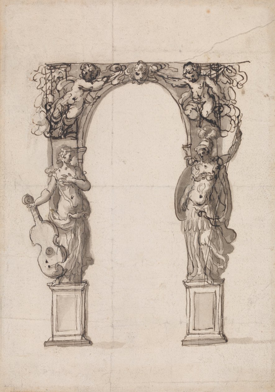 Design for a Temporary Arch Ornamented with Putti and Allegorical Figures of Music and War by Inigo Jones