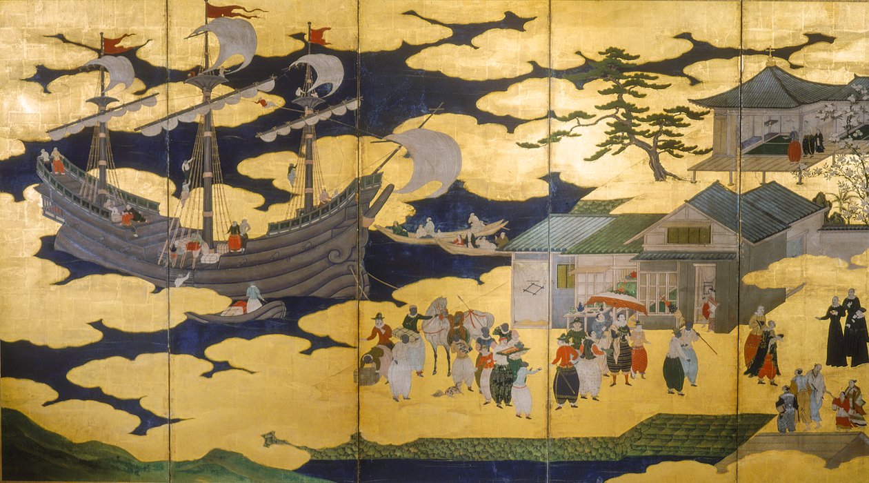 Samurai - Folding screen of Namban Byobus - Southern Barbarians - A Portuguese Ship entering a Japanese Port by Ira Block
