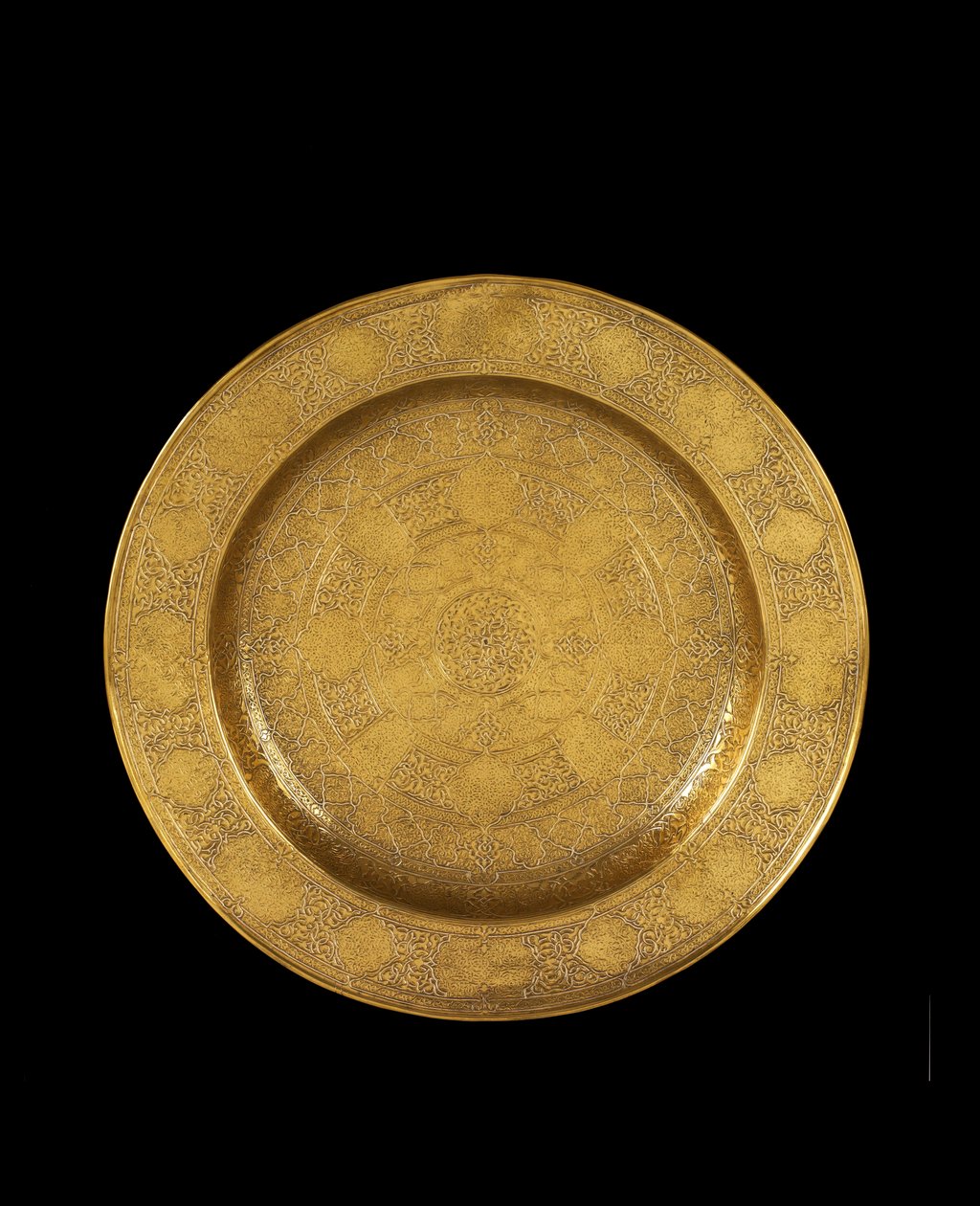 Dish of Engraved Brass with Silver Inlay and Later Gilding by Iranian School