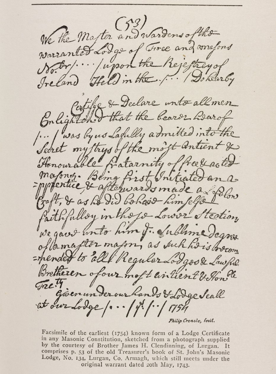 Earliest known Certificate (Irish) with a Seal from the Grand Lodge, 1762 by Irish School