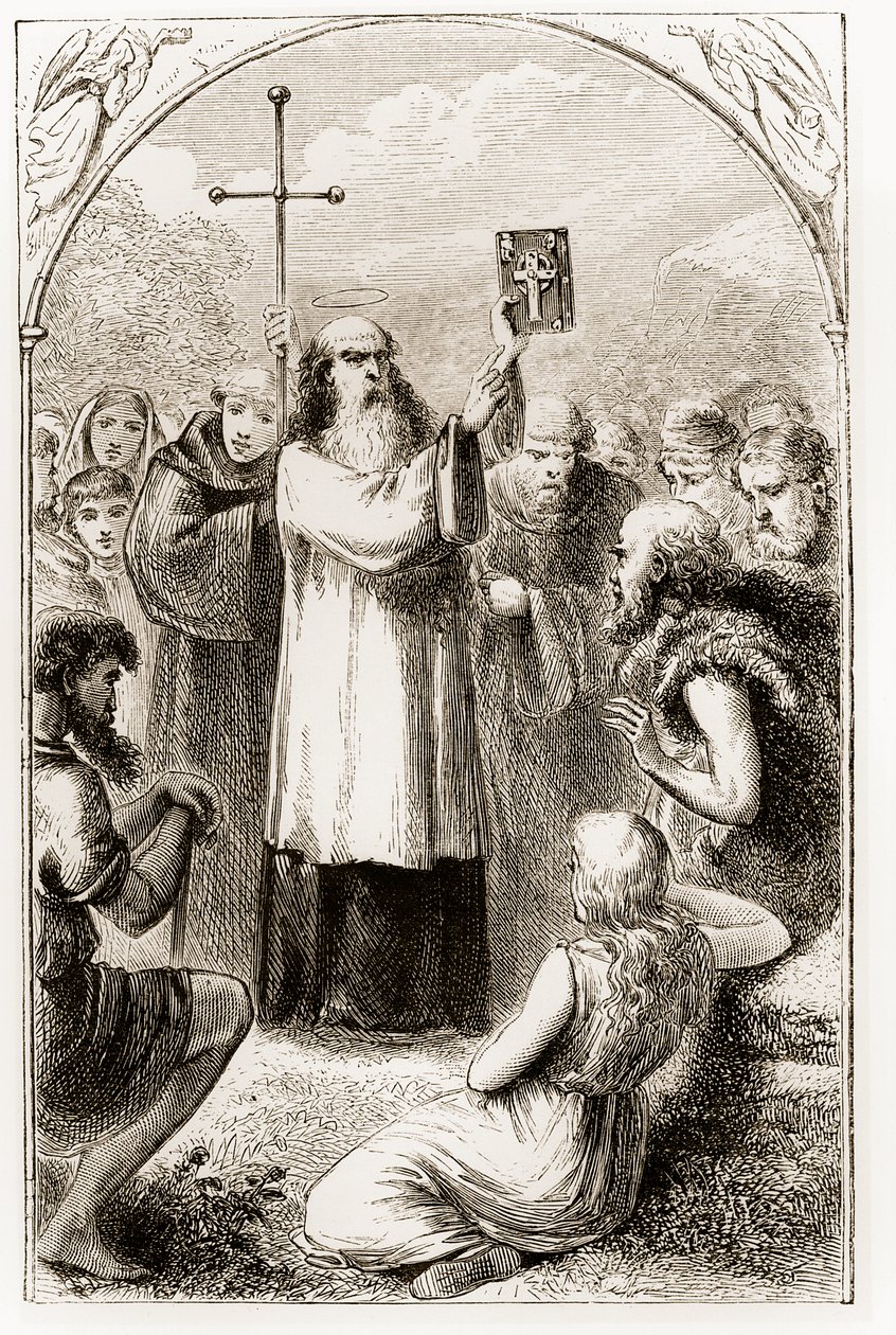 St. Patrick Showing the People of Ireland the Four Gospels, from The Trias Thaumaturga, or Three Wonder-Working Saints of Ireland, by Mary Cusack (1829-99) Published c.1890s by Irish School