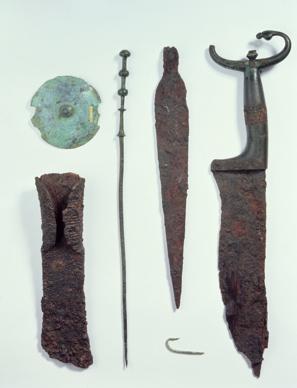 Knife, Spearhead, Fishhook, Clothes Pin, Belt Disc and Axe Found in Male Graves at Hallstatt, Iron Age by Iron Age