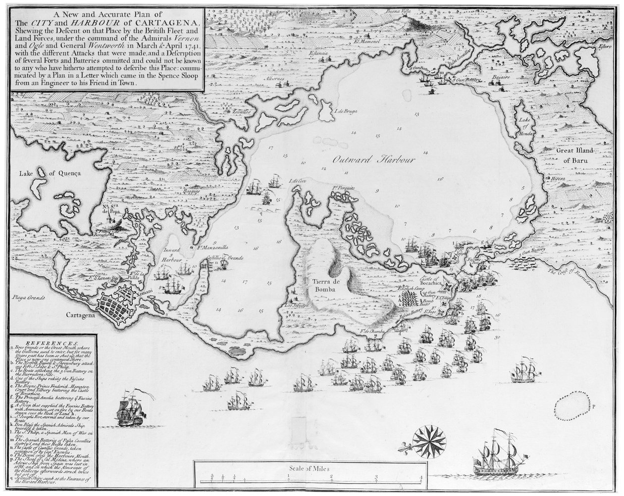 A New and Accurate Plan of the City and Harbour of Cartagena, Showing the Descent of That Place by the British Fleet and Land Forces, Under the Command of the Admirals Vernon and Ogle and General Wentworth in March & April 1741 by Isaac Basire