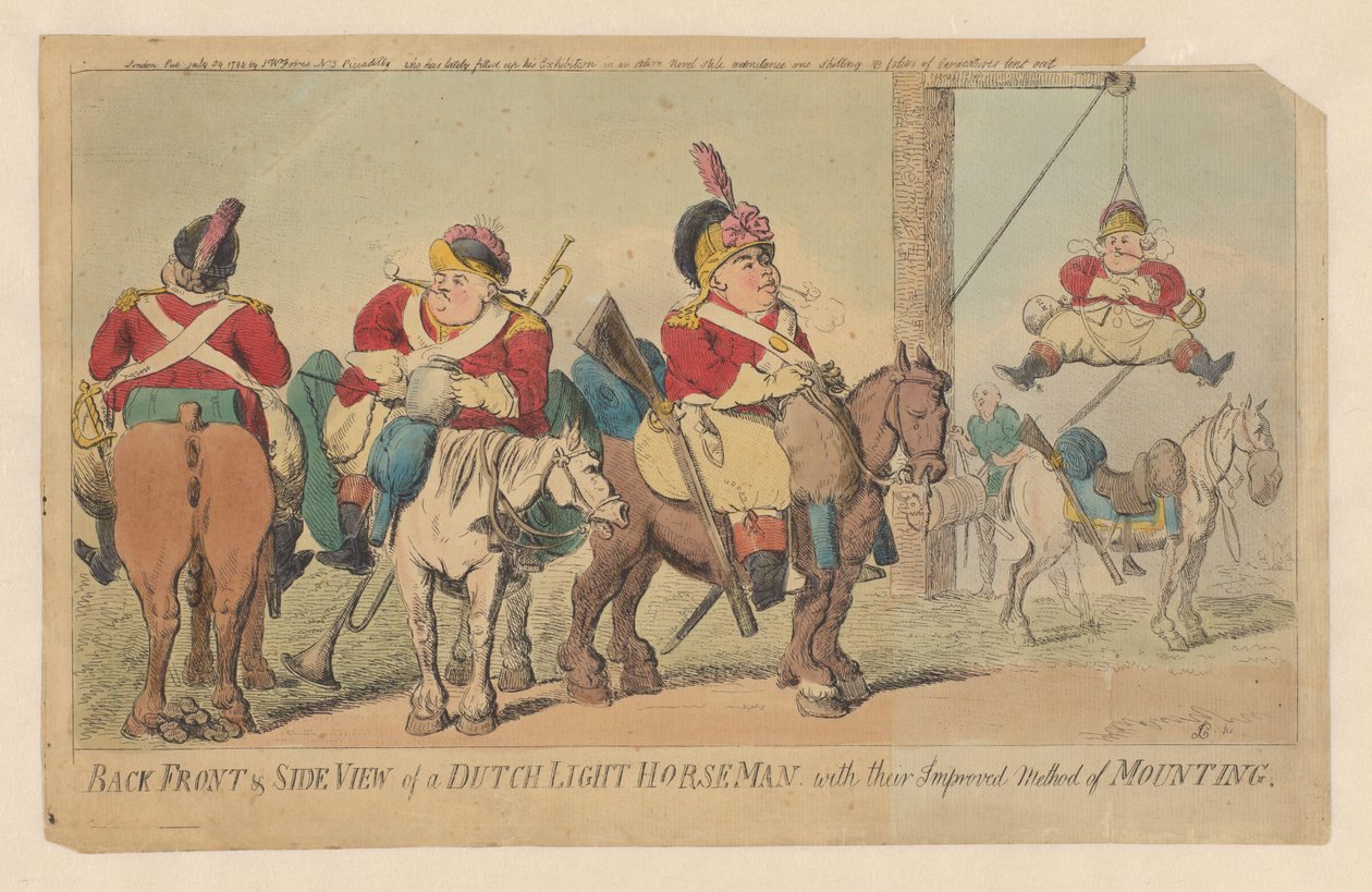 Improved Method of the Dutch Light Cavalry to Mount a Horse by Isaac Cruikshank (signed by artist)