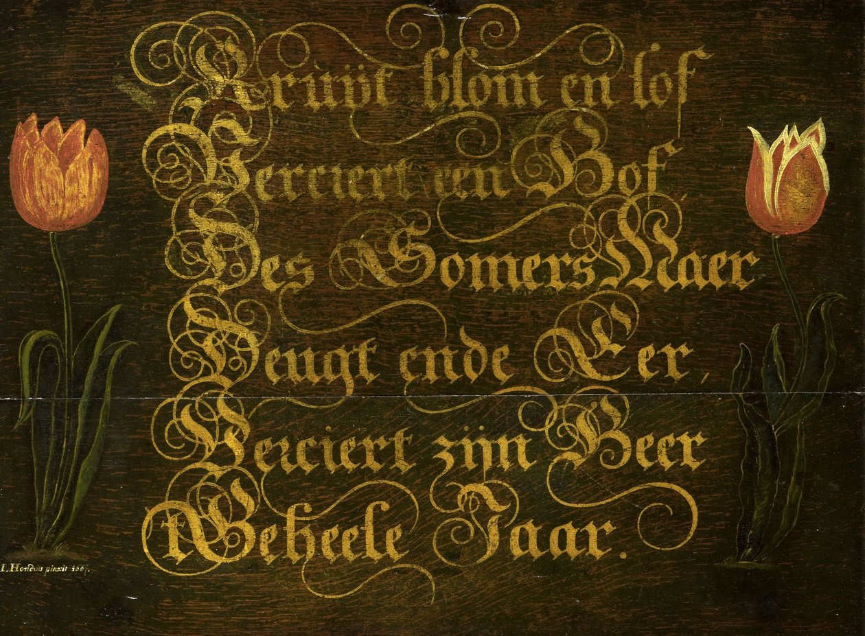 A Calligraphic Maxim with Tulips by Isaac Hondius