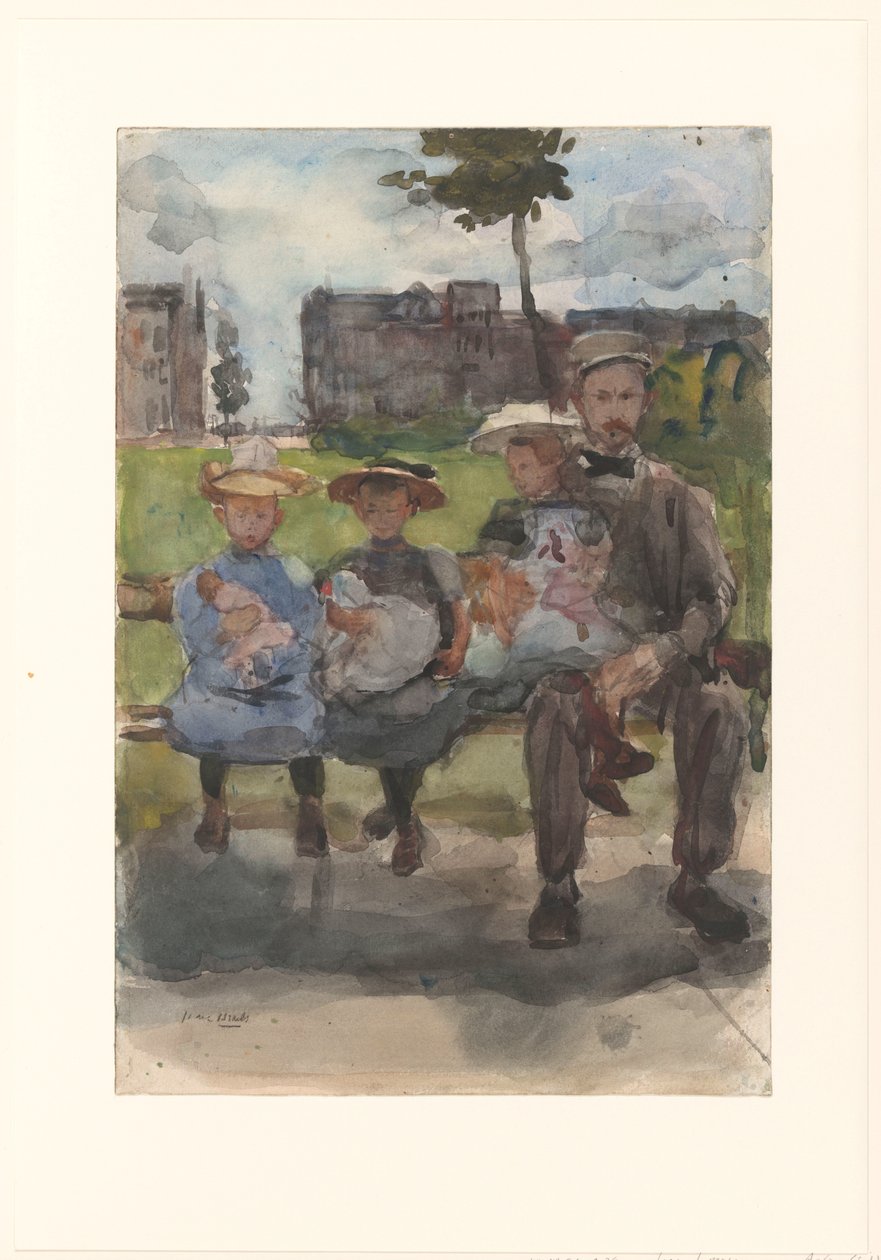 A Man with Three Girls on a Bench in the Oosterpark in Amsterdam by Isaac Israels