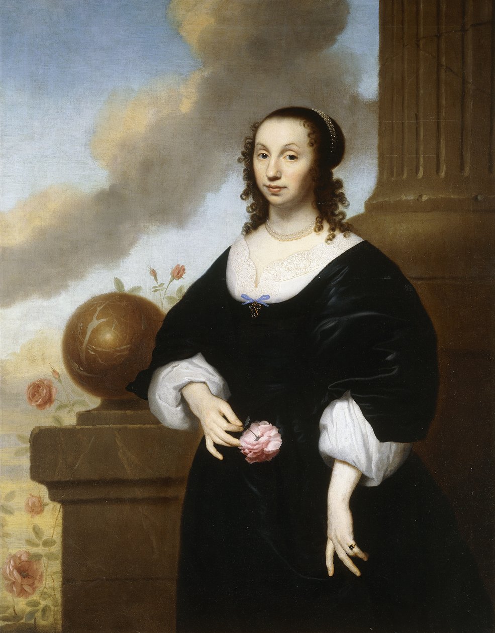 Portrait of a Lady, standing three-quarter length, wearing a Black Satin Dress with White Lace Trim by Isaac Luttichuys