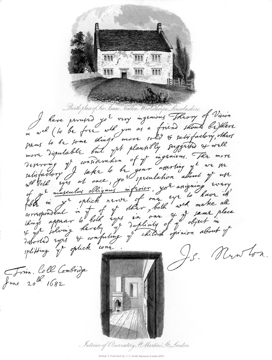 A Letter from Isaac Newton, and a View of His Birthplace at Woolsthorpe, Lincolnshire, 1682, 1840 by Isaac Newton