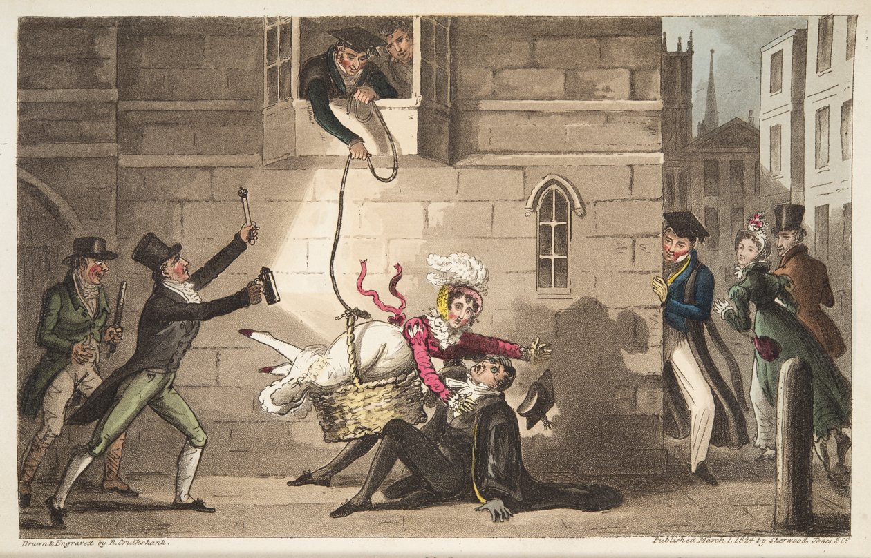 Capping a Proctor, or Oxford Bull dogs detecting Brazen Smugglers, from The English Spy by Isaac Robert Cruikshank