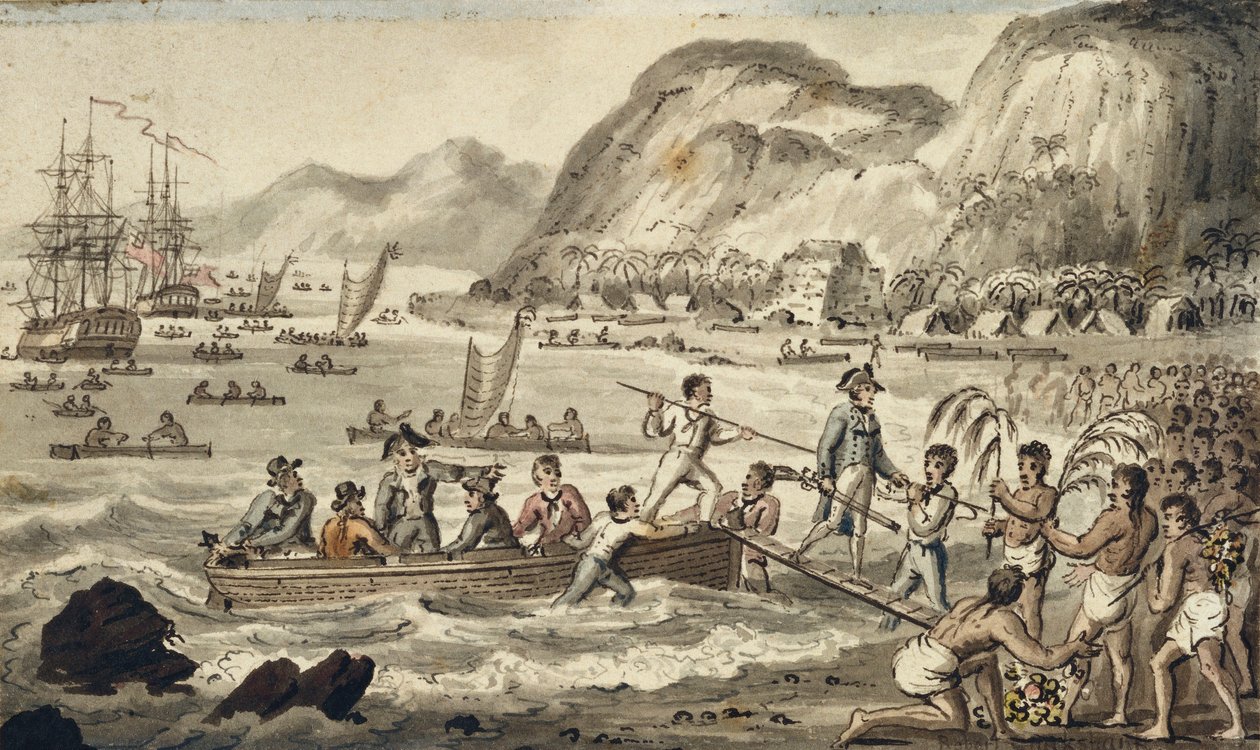 Captain Cook Landing in Owyhee, illustration from "The Voyages of Captain Cook" by Isaac Robert Cruikshank