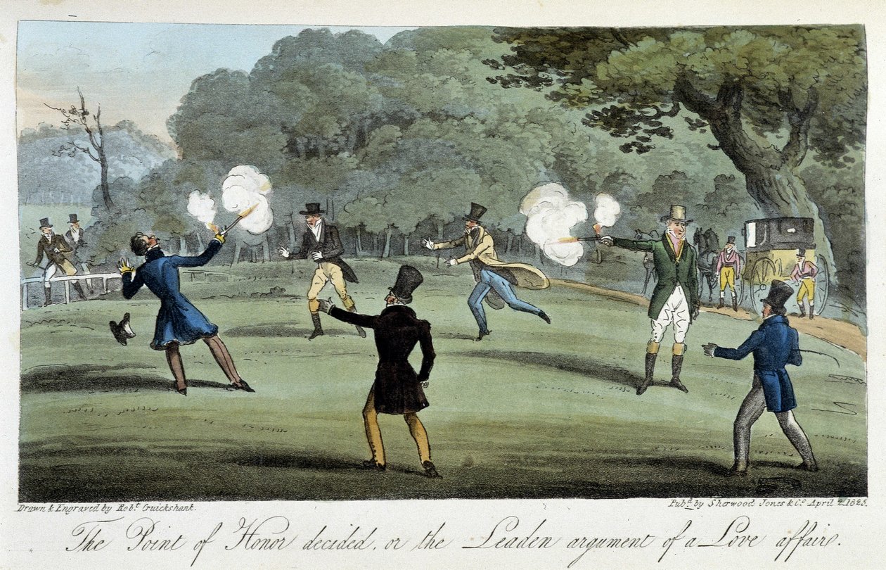 Duel with a Pistol for a Matter of Heart - in The English Spy by Charles Molloy Westmacott, Illustrated by Robert Cruikshank, London by Isaac Robert Cruikshank