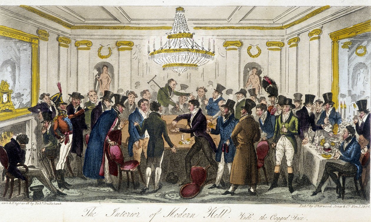 The Interior of Modern Hall - in The English Spy by Charles Molloy Westmacott, drawing by Robert Cruikshank, London Edition by Isaac Robert Cruikshank
