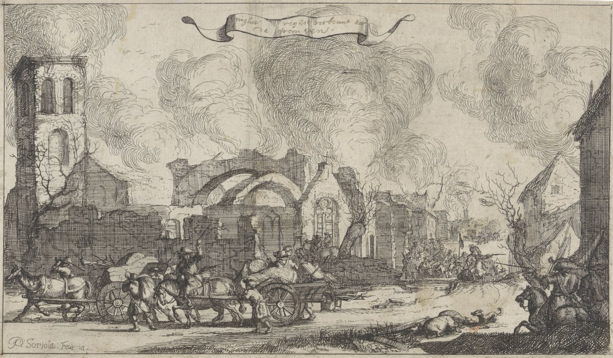 French Troops Plundering and Shooting through the Ruins of the Village Nigtevecht, 1672 (Series of Thirteen Images of the Villages and Castles in the Province of Utrecht Destroyed by the French in 1672) by Isaac Sorious