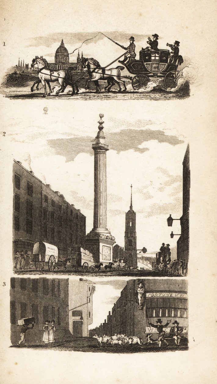 Countrymen on a Stage Coach, the Monument and Pie Corner by Isaac Taylor