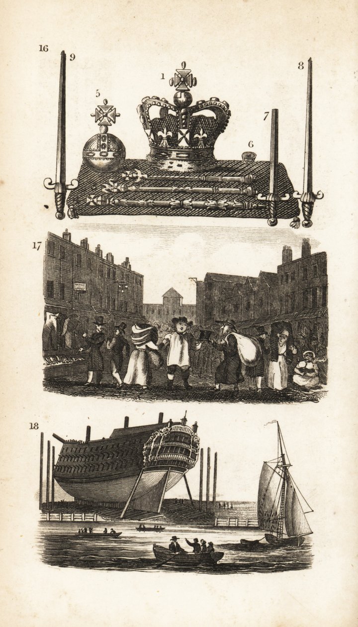 The Jewel Office in the Tower of London, Rag Fair and Old Clothes and Ship Building by Isaac Taylor