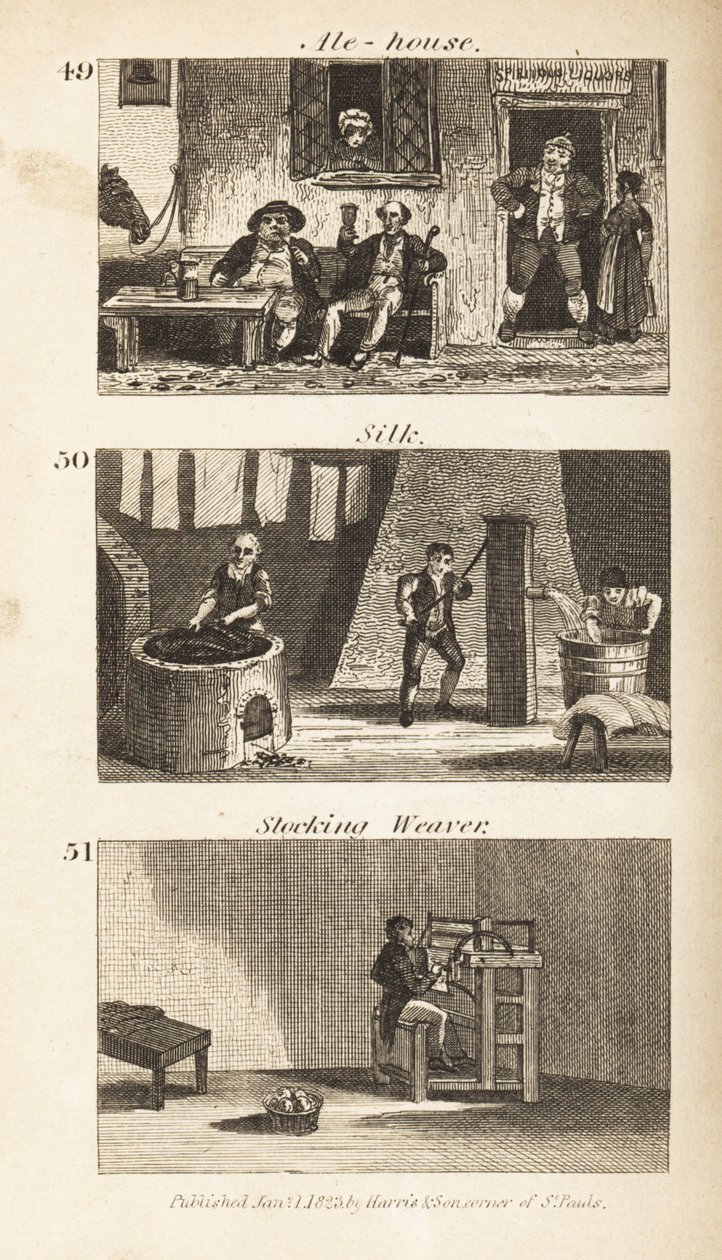 Trades in Regency England: Ale-house, silk mill and stocking weaver by Isaac Taylor