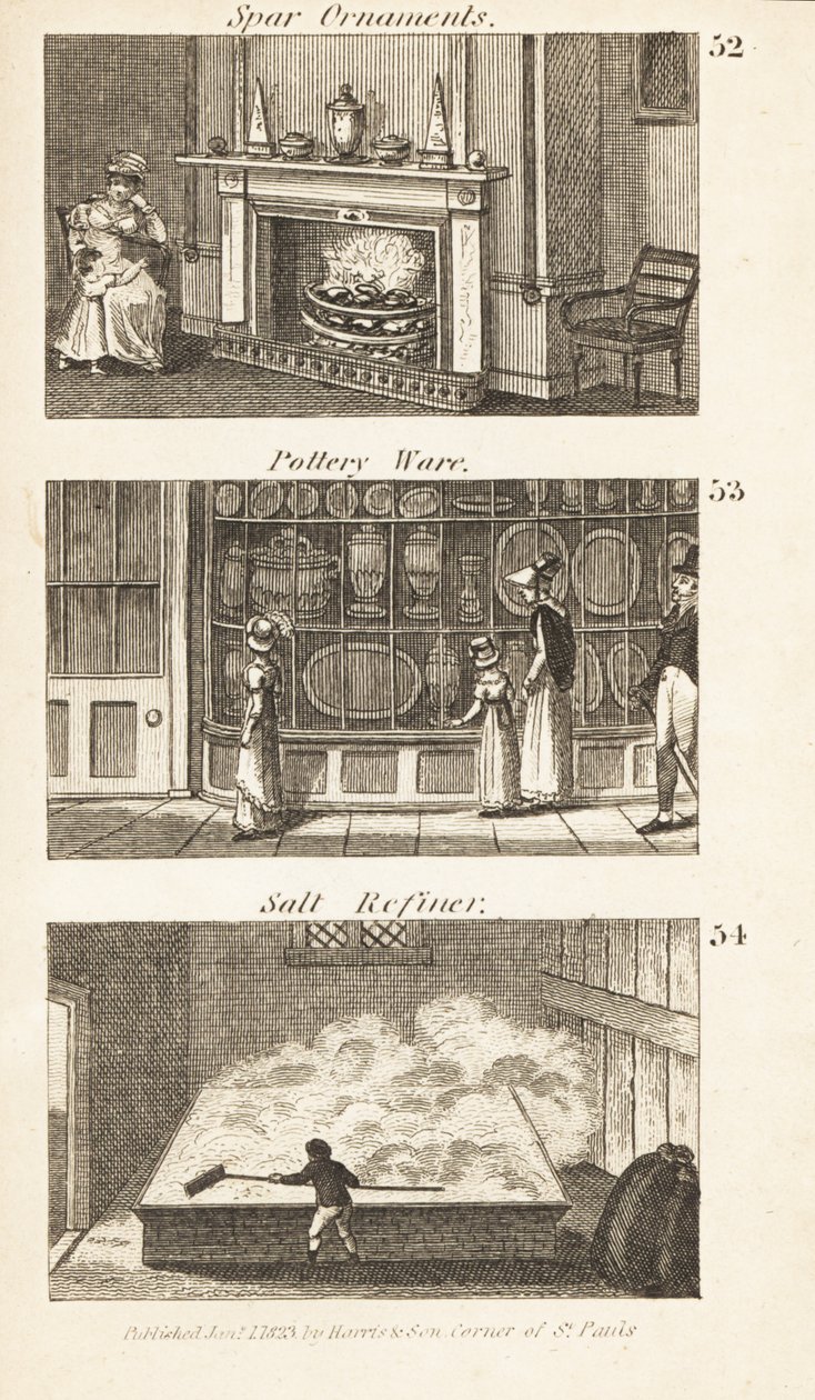 Trades in Regency England: Spar Ornaments, Pottery Ware and Salt Refiner by Isaac Taylor