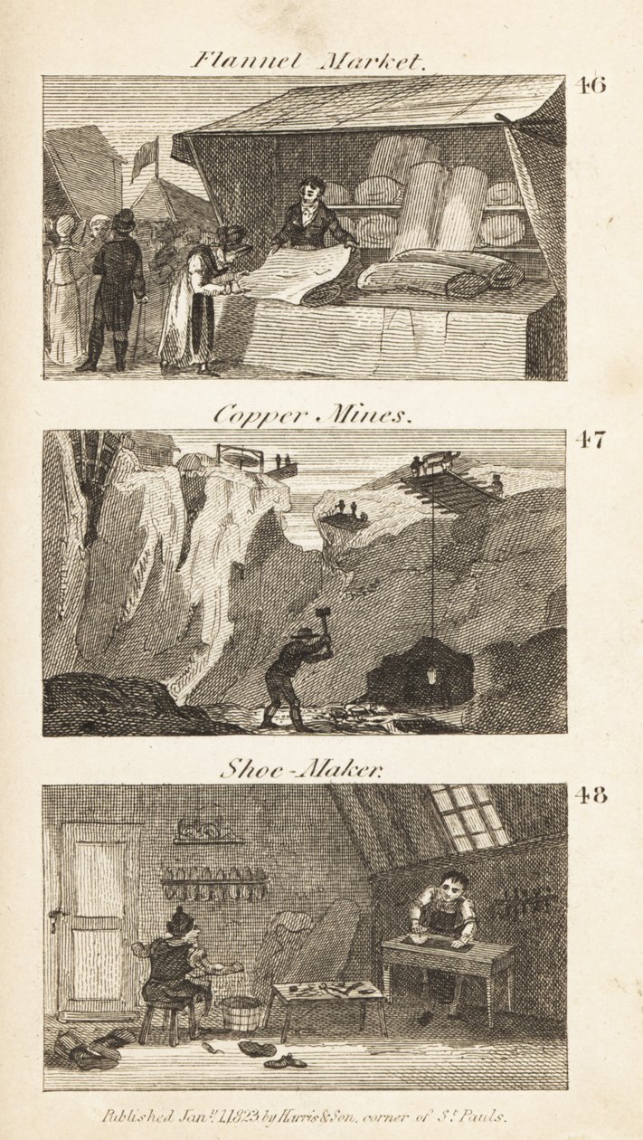 Trades in Regency England: flannel market, copper mines and shoe-maker by Isaac Taylor