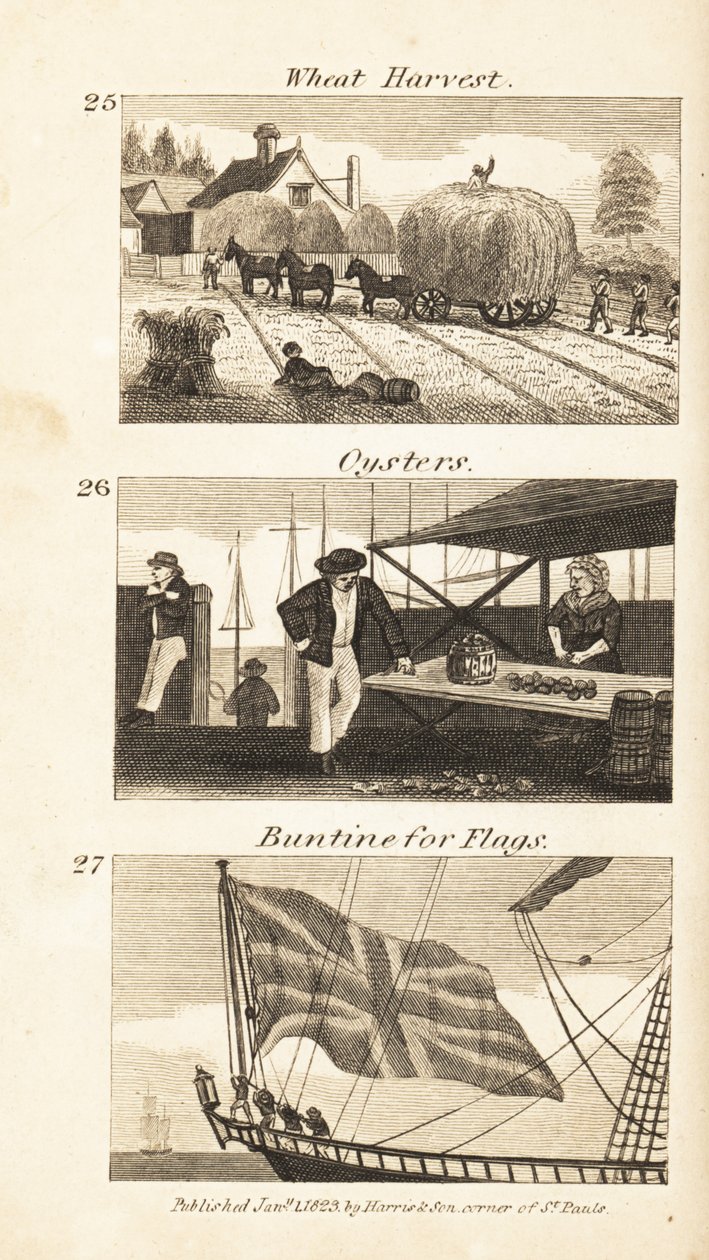 Trades in Regency England: wheat harvest, oysters and buntine for flags by Isaac Taylor
