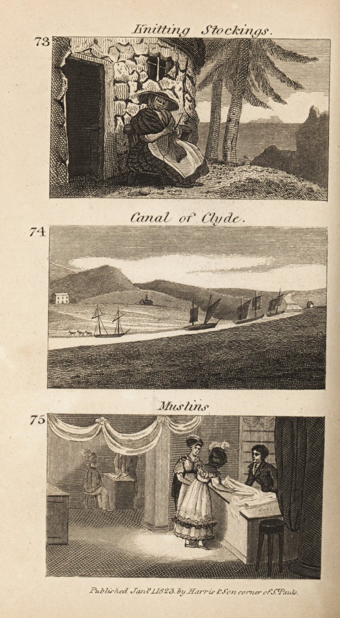Trades in Regency Scotland: Knitting Stockings, Canal of Clyde, and Muslins by Isaac Taylor