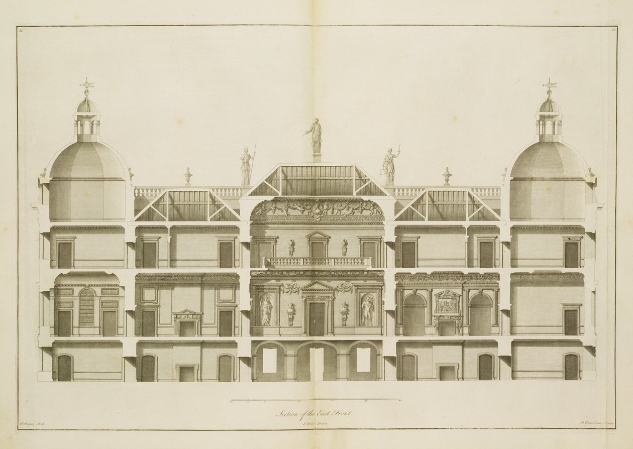 Houghton Hall: section of the East Front (engraved by Pierre Fourdrinier, 1735) by Isaac Ware