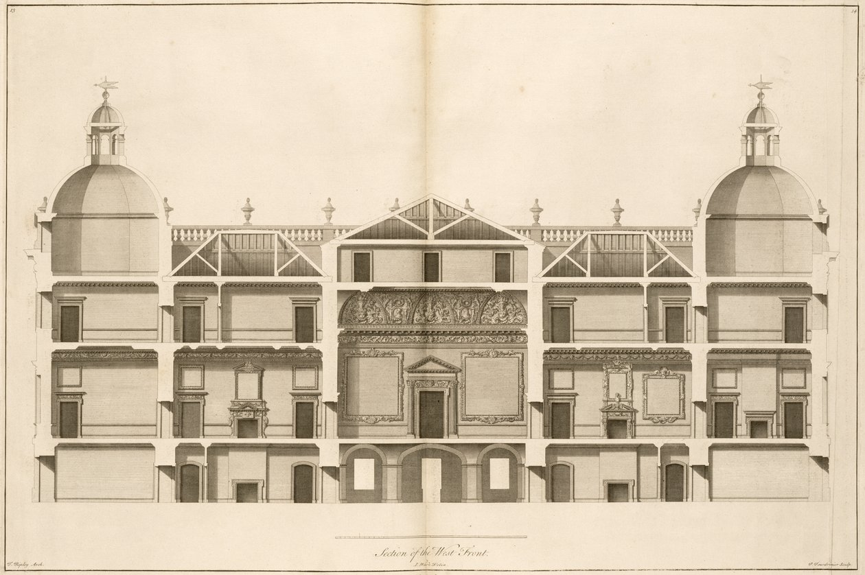 Houghton Hall: Section of the West Front, Engraved by Pierre Fourdrinier, 1735 by Isaac Ware