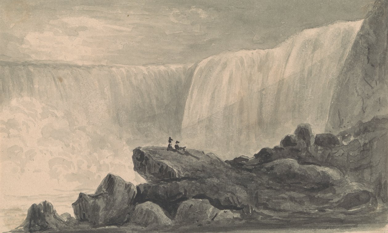 View of Niagara Falls with Two Figures Sitting on a Rock Center Foreground by Isaac Weld