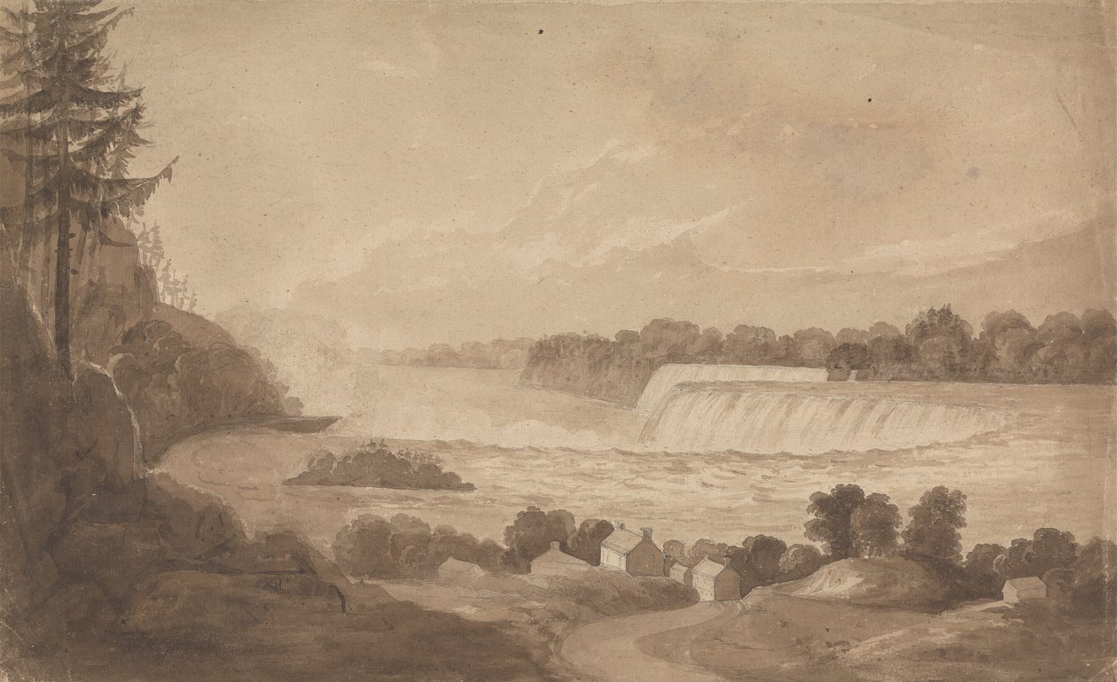 View of Niagara Falls with the Falls in the Background, Right, and Landscape with Houses in the Foreground by Isaac Weld