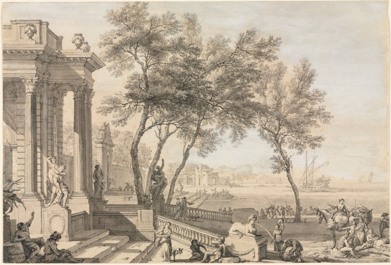 Fantastic Harbor Scene with Architecture and Figures by Isaac de Moucheron