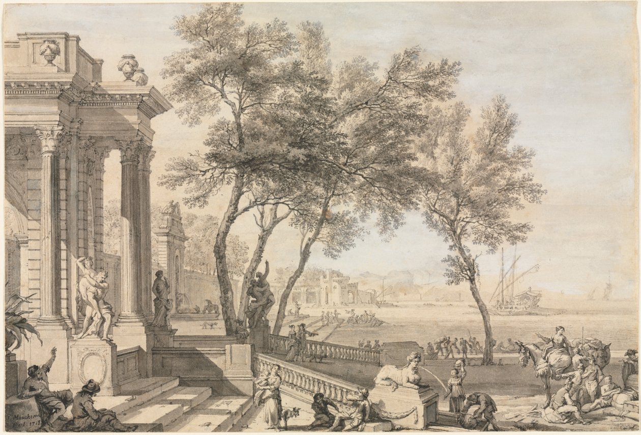 Fantastic Harbor Scene with Architecture and Figures, 1713 by Isaac de Moucheron