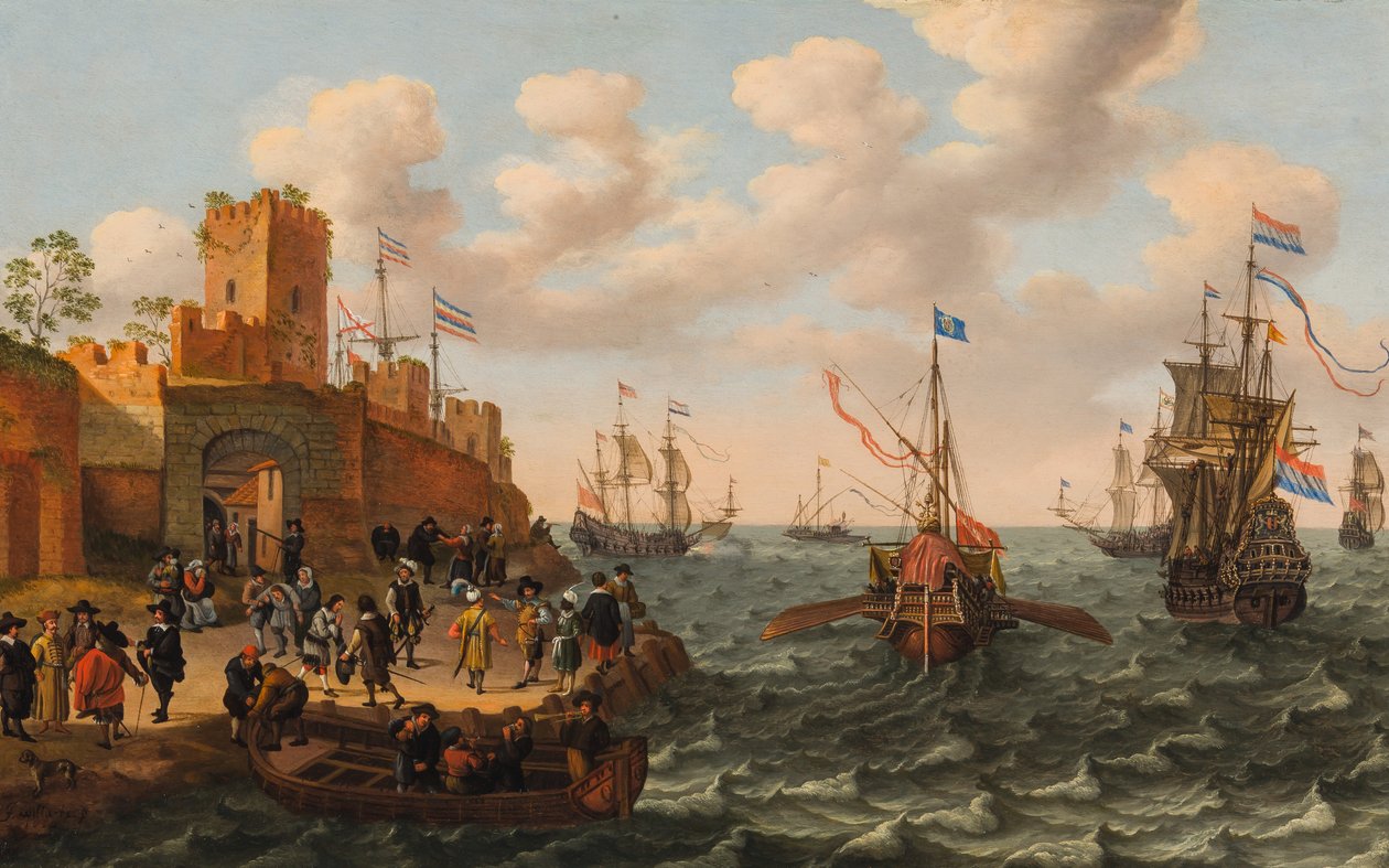 A Dutch Three-Master and a Papal Galley with other Shipping Along the Coast of a Fortified Town, c.1662 by Isaak Willaerts