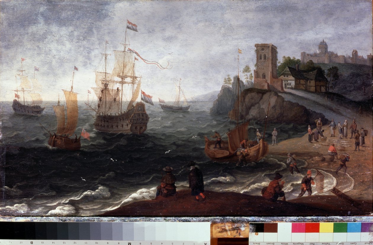 Fish market at seashore by Isaak Willaerts