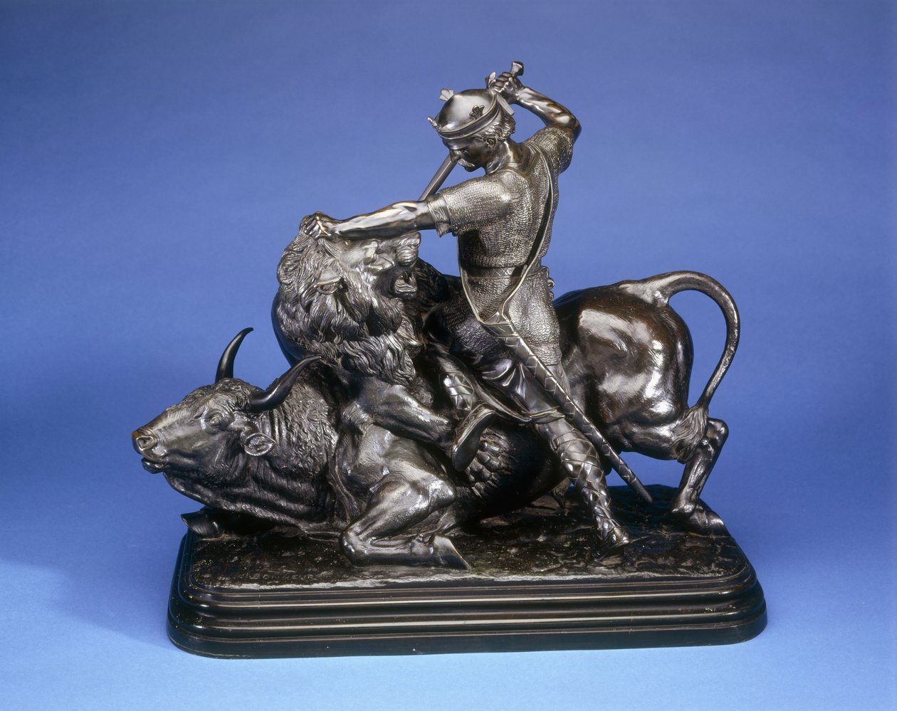 A King killing a lion attacking a bull by Isidore Jules Bonheur