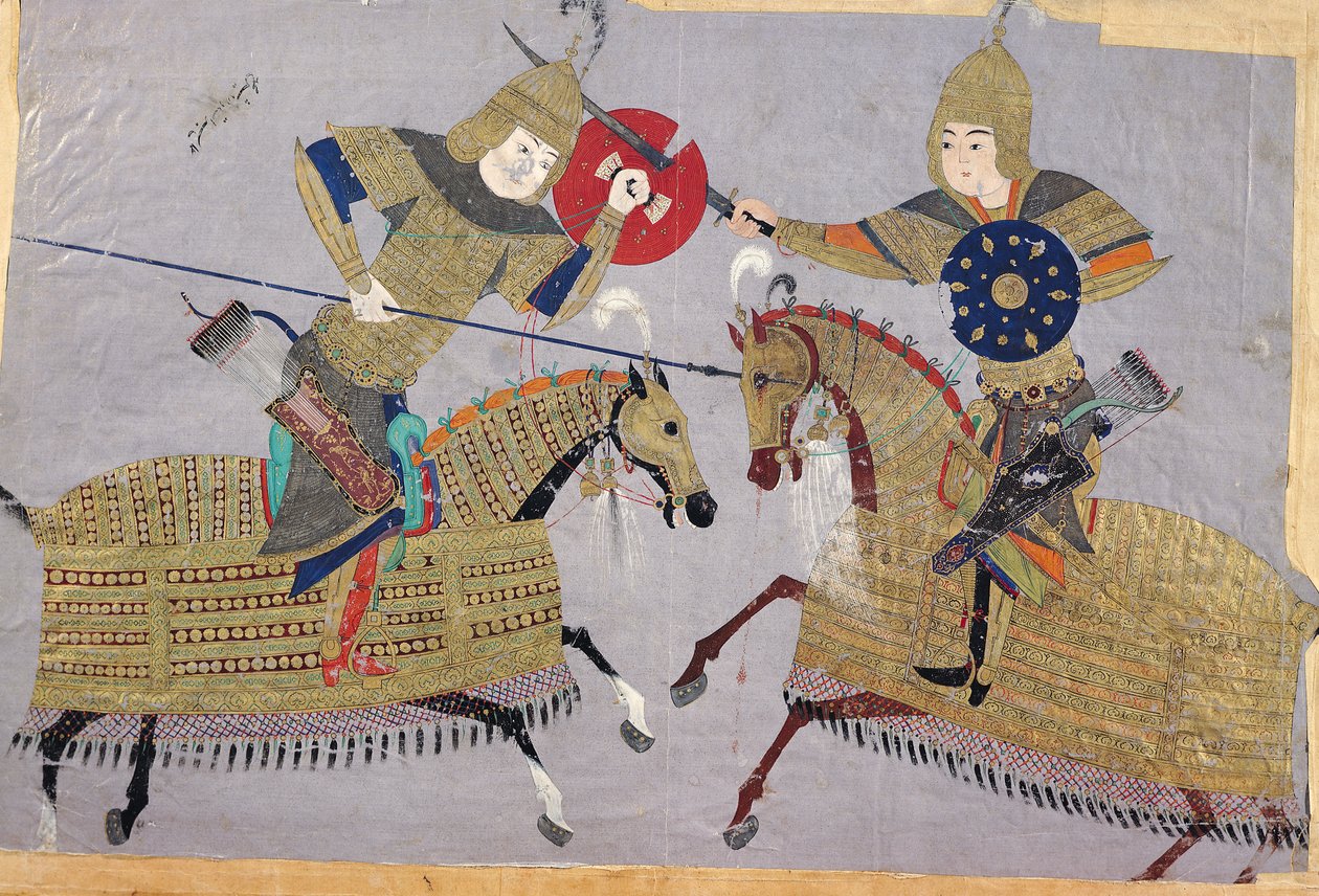 Two Warriors on Horseback in Combat, School of Tabriz, c.1480 by Islamic School