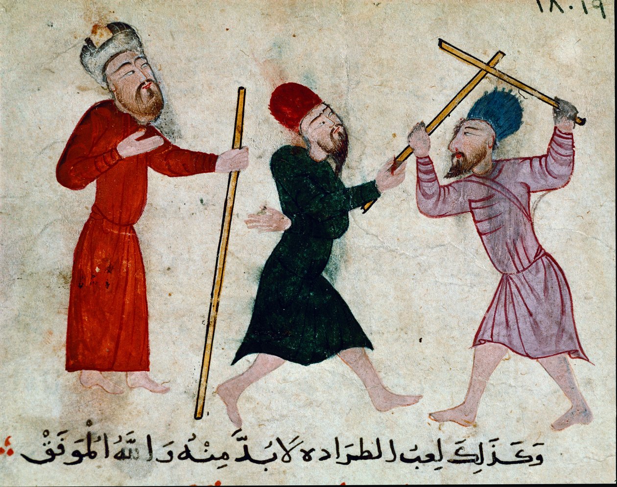 Islamic Art: Drawing on parchment from the period of Fatimid - Game of sticks - Painting on papyrus - Cairo, Museum of Islamic Art by Islamic School