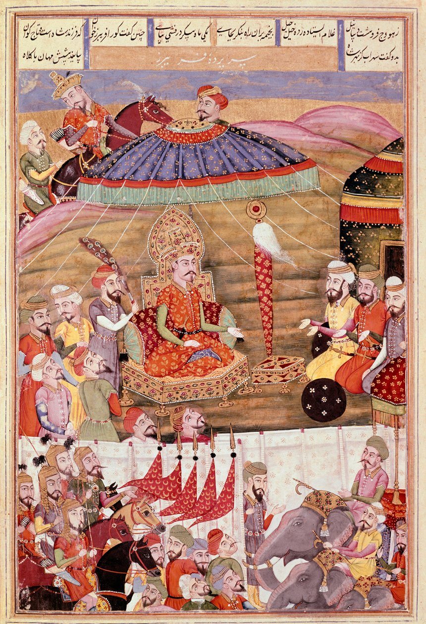Sohrab looks again at the tent of Roustam. Persian miniature from a manuscript of the epic poem 