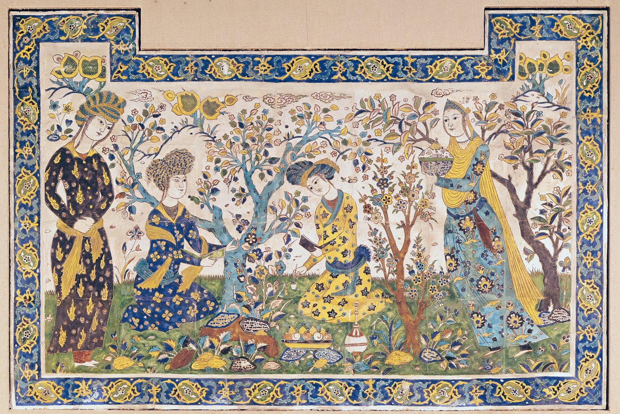 Mural Panel of Figures Relaxing in a Garden, from the Tchehel Sutun or Pavilion of Forty Columns Built by Shah Abbas II (1642-66), Persian, from Isfahan, Iran by Islamic School
