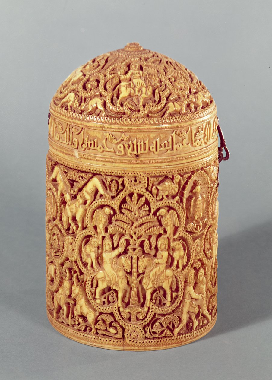 Pyx with a relief depicting the pleasures of courtly life, inscribed with the name Al-Mughira, son of the Caliph Abd-al-Rahman III, Umayyad Period, from Cordoba by Islamic School