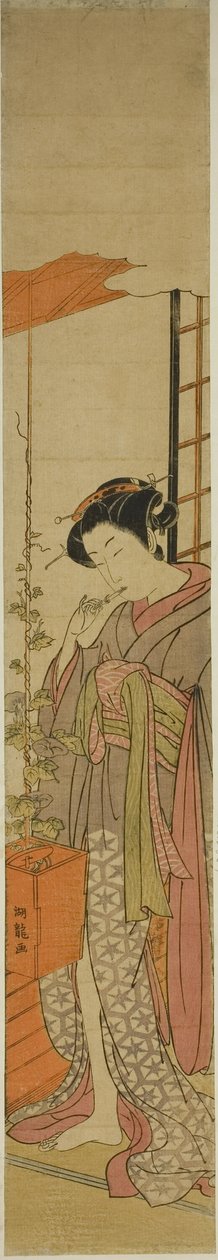 Courtesan Admiring Morning Glories While Cleaning Her Teeth by Isoda Koryusai