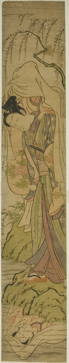 Young Man Carrying a Girl Sees Her Reflection in the Water by Isoda Koryusai
