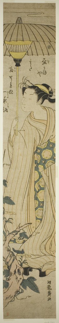 Young Woman Holding Parasol Admires Hirugao Flowers by Isoda Koryusai