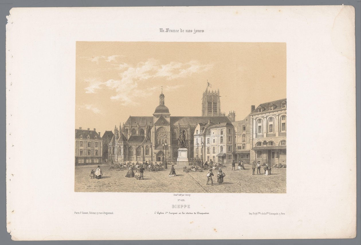 View of the Saint-Jacques church and the statue of Duquesne in Dieppe (Contemporary France) by Isodore Laurent Deroy