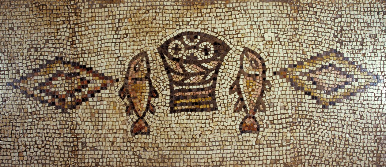 Byzantine mosaic depicting fish and loaves of bread by Israeli School